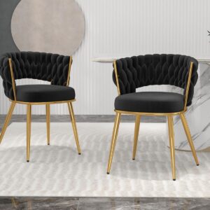 KCC Velvet Dining Chairs Set of 2, Gold Modern Dining Chair with Metal Legs, Woven Upholstered Dining Chairs for Dining Room, Kitchen, Vanity, Living Room (Black)