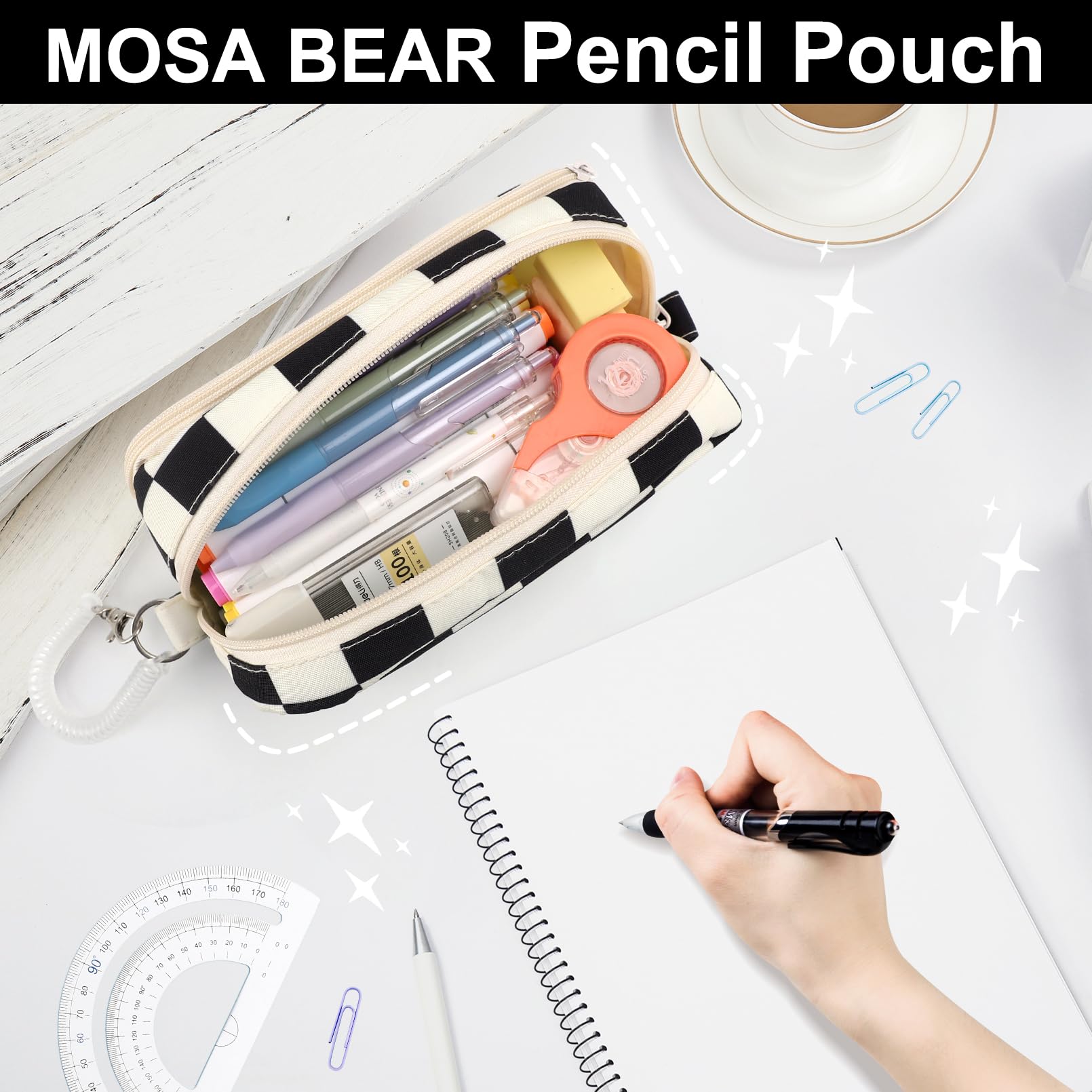 MOSA BEAR Pencil Case Large Capacity Pencil Pouch with Zipper Portable Office Stationery Makeup Bag, Aesthetic Big Capacity Pen Bag for Teen Girls, Women(Black)