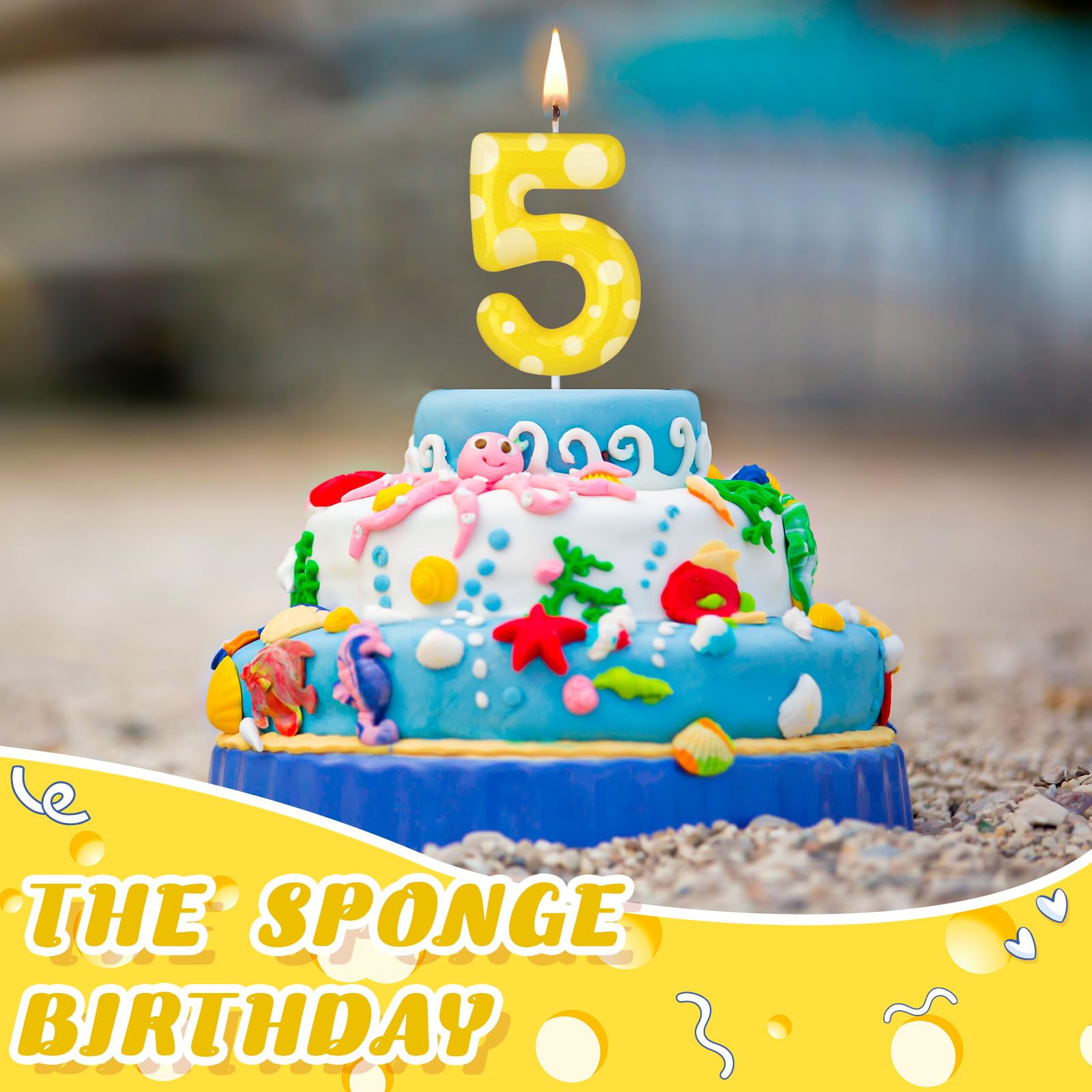 Conelist Sponge Birthday Number Candle Yellow Sponge Print Themed Birthday Candles Numeral Birthday Cake Topper for Sponge Themed Birthday Sponge Fans Party Decoration Supplies (Number 5)