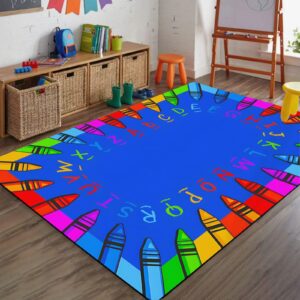 colorful kids rugs, 5x7ft, colored pencils educational rugs for classroom, learning alphabet soft cozy floor carpet, pet friendly non-shedding entry carpet for nursery family