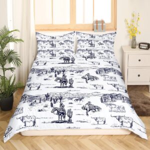 Western Cowboy Duvet Cover Set Queen Size,Sketch Highland Cow Horse Desert Bedding Set for Kids Boys Men Adult Room Decor,Southwest Rustic Farm Animals Comforter Cover Navy White Quilt Cover 3Pcs