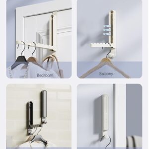 Over The Door Folding Clothes Drying Rack, Alluminum Alloy Hanger with Retractable Lod, Laundry Hanging Coat Rack with 6 Groves, Clothing Hanger Hook for Towel,Coat,Bag and Robe (White Hook Type)