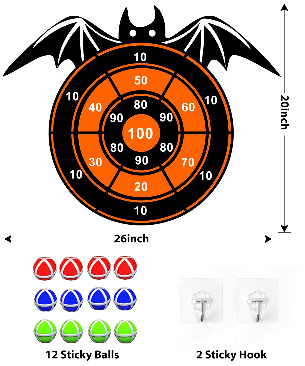 Halloween Party Games Toys for Kids, Large 26" Halloween Bat Dart Board Game Decorations Centerpieces Party Supplies with 12 Sticky Balls for Halloween