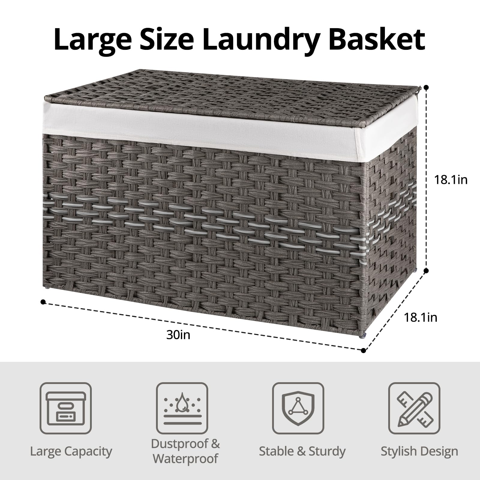 OIAHOMY Extra Large Storage Basket with Lid, 42.3 Gallon (160L) Blanket Basket with Removable Liner Bag, Wicker Basket with Handle, Foldable, Handwoven Basket for Bedroom, Living Room, Grey