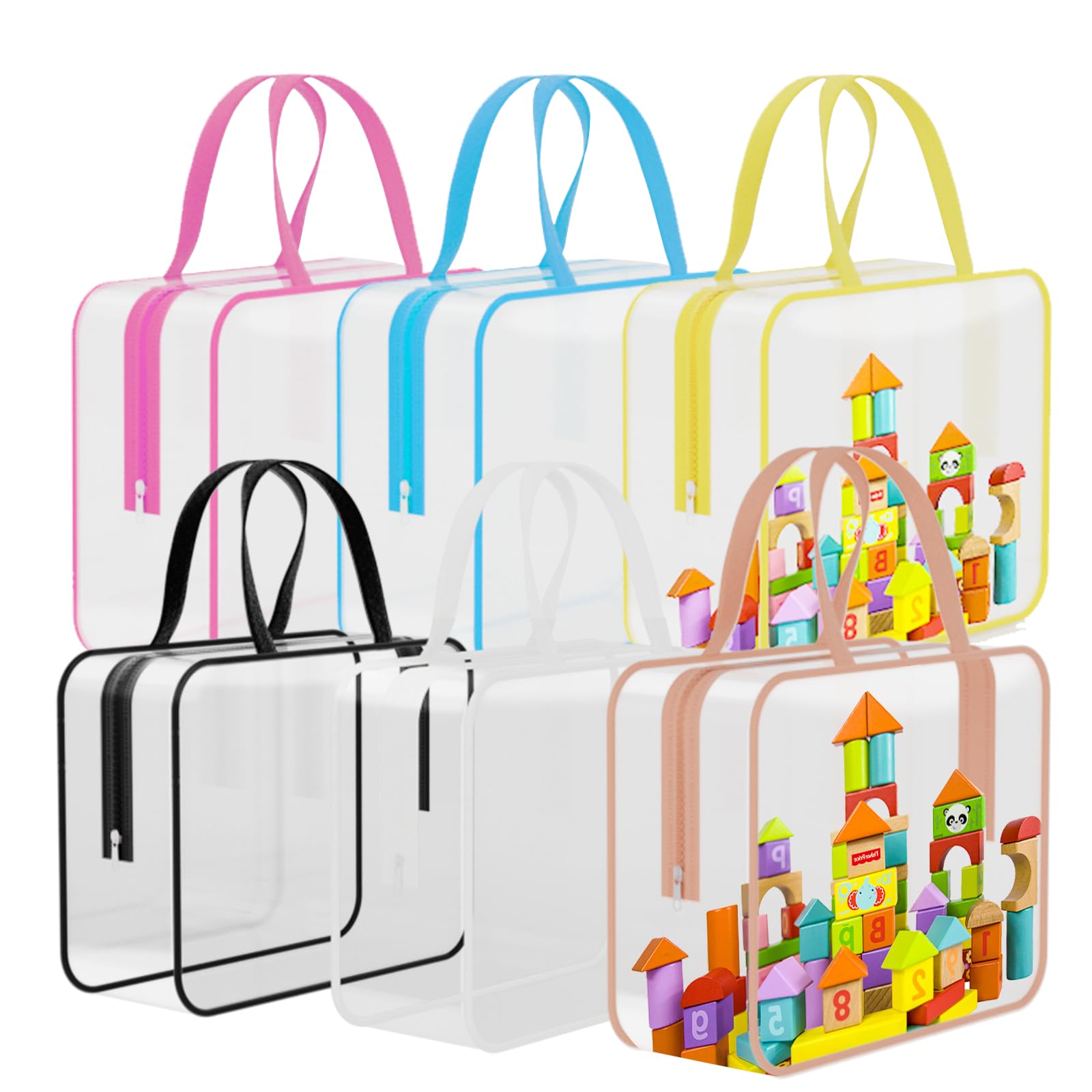 6 Packs Toy Storage Bags PVC Waterproof Organizers Toy Bags Reusable Clear PVC Board Game Storage with Zipper and Handle for Board Games, Building Blocks, Puzzles, Toys and Handmade Accessories