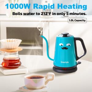 Smartyle Gooseneck Electric Kettle with Mustaches, 1000W Cartoon Electric Tea Kettle of 304 Stainless Steel, Cute Hot Water Kettle with Auto Shut Off, 1.0L Colorful Pour Over Coffee Kettle-Blue