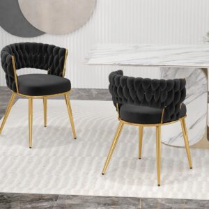 KCC Velvet Dining Chairs Set of 2, Gold Modern Dining Chair with Metal Legs, Woven Upholstered Dining Chairs for Dining Room, Kitchen, Vanity, Living Room (Black)