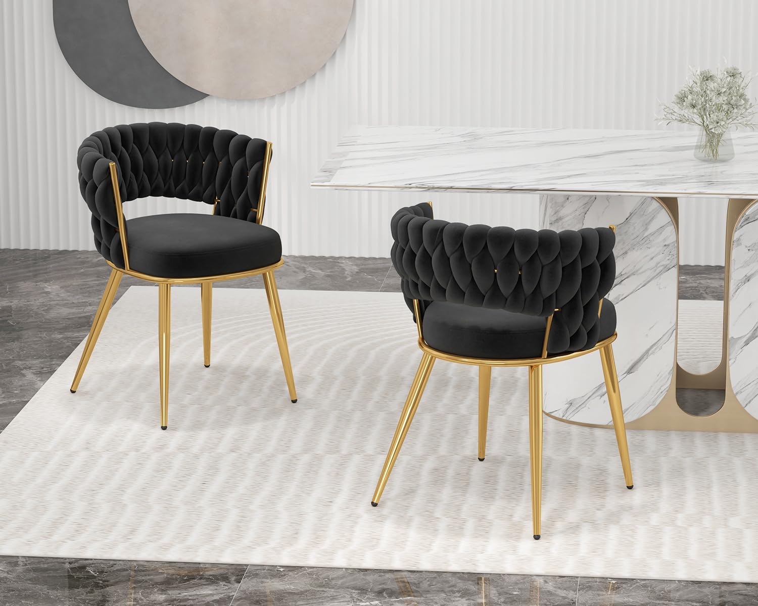 KCC Velvet Dining Chairs Set of 2, Gold Modern Dining Chair with Metal Legs, Woven Upholstered Dining Chairs for Dining Room, Kitchen, Vanity, Living Room (Black)