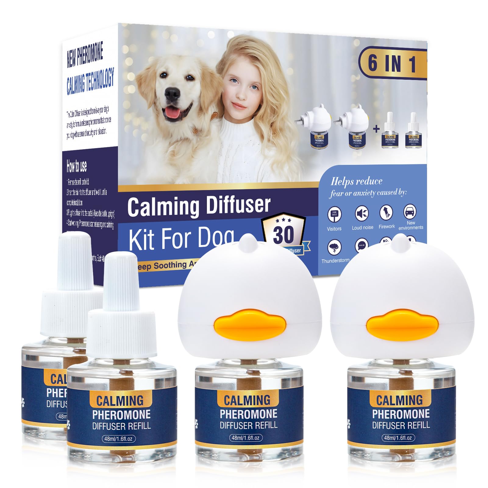 Dog Calming Pheromones Diffuser 6 in 1 Kit Appeasing Pheromone Diffuser to Calm (2 Plug in+4 Pack 48ml Refill) for Anxiety Relief Reduce Aggression Fighting Barking Stress 120 Day Supply(Tasteless)