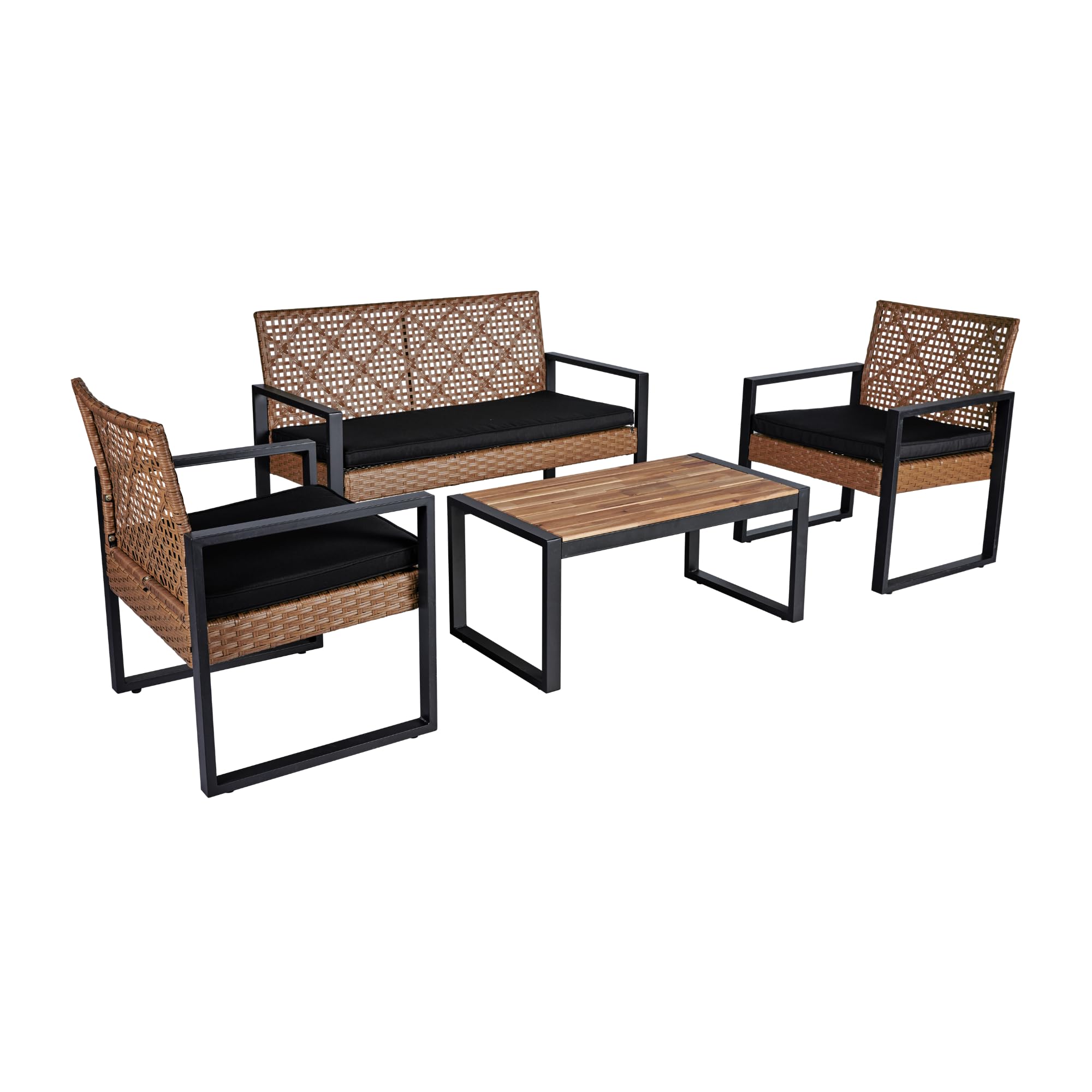 FocusOnHome 4-Piece Patio Furniture Set Outdoor Balcony Porch Garden Backyard Lawn Furniture Acacia Wood Table Top, Morden Black and Light Brown