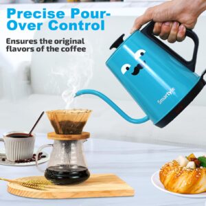 Smartyle Gooseneck Electric Kettle with Mustaches, 1000W Cartoon Electric Tea Kettle of 304 Stainless Steel, Cute Hot Water Kettle with Auto Shut Off, 1.0L Colorful Pour Over Coffee Kettle-Blue