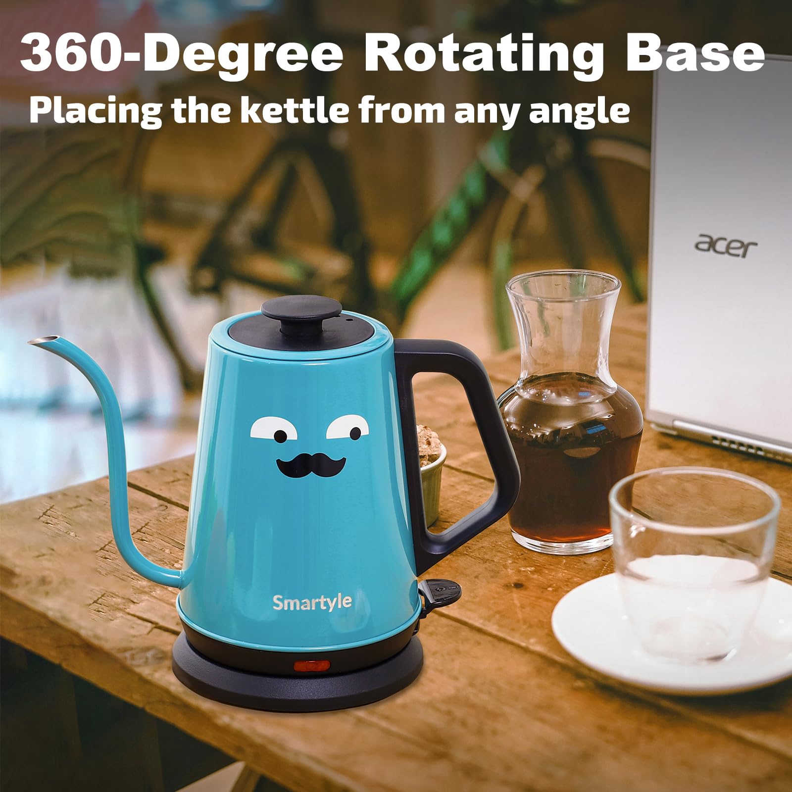 Smartyle Gooseneck Electric Kettle with Mustaches, 1000W Cartoon Electric Tea Kettle of 304 Stainless Steel, Cute Hot Water Kettle with Auto Shut Off, 1.0L Colorful Pour Over Coffee Kettle-Blue