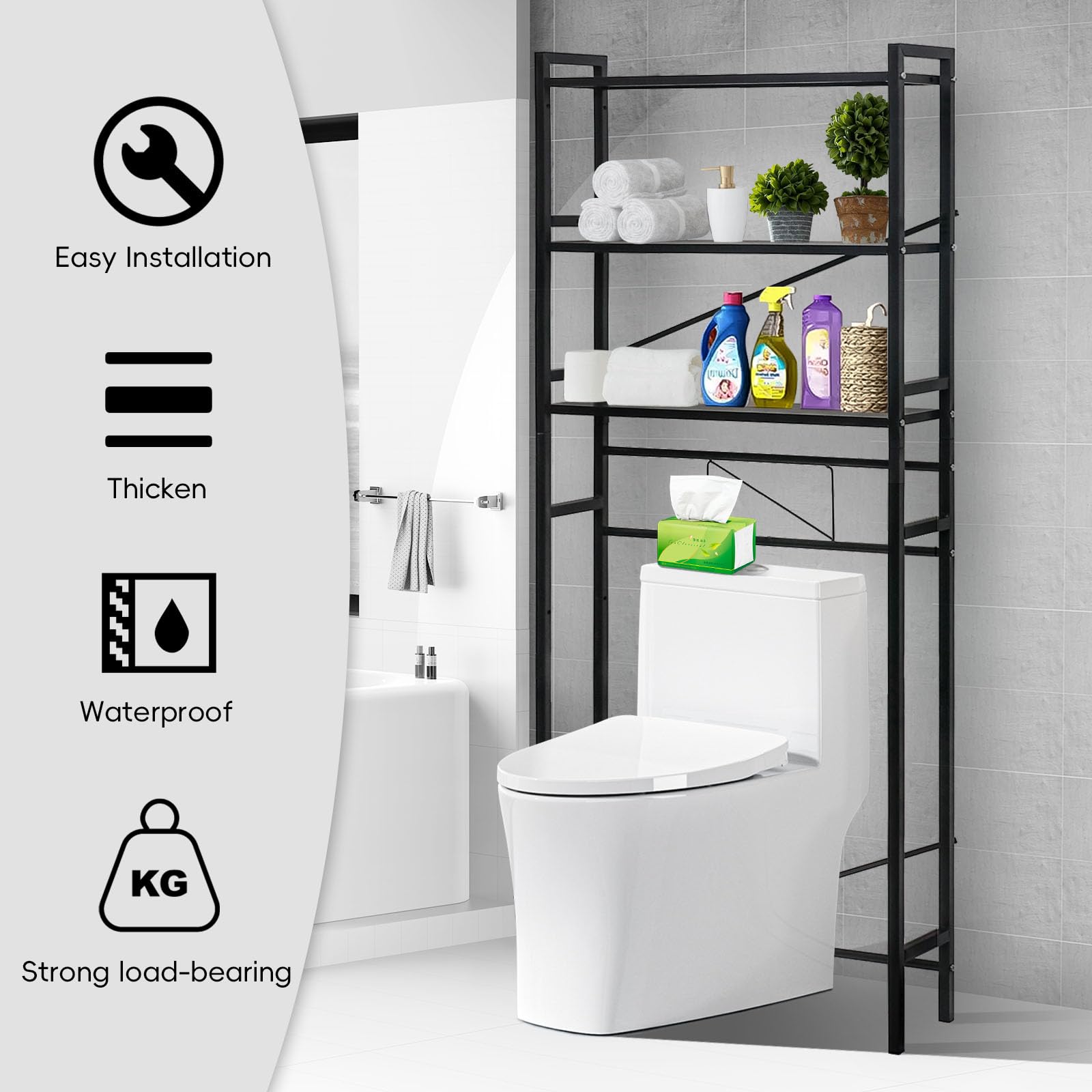 Over The Toilet Storage, 7 Tier Over Toilet Bathroom Organizer with Adjustable Shelf, Stable Toilet Shelf with 4 Hooks, 2 Suction Cups, Freestanding Toilet Storage Rack for Bathroom Laundry Restroom