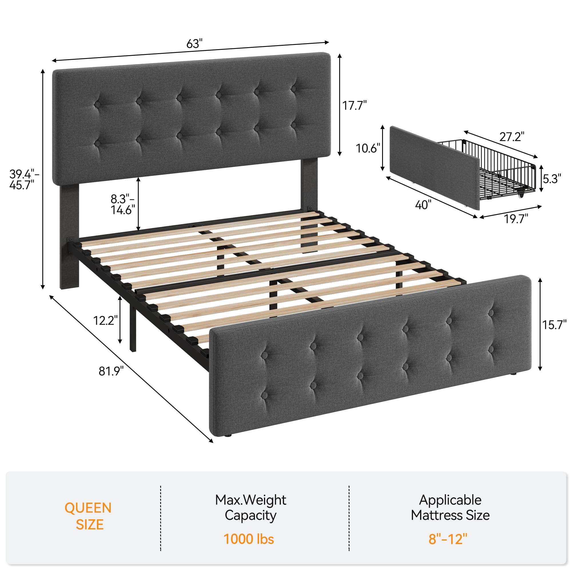 IDEALHOUSE Queen Size Bed Frame with 4 Storage Drawers and Headboard, Linen Upholstered Platform Bed Frame with Wooden Slats Support, Button Tufted Design, No Box Spring Needed, Dark Grey