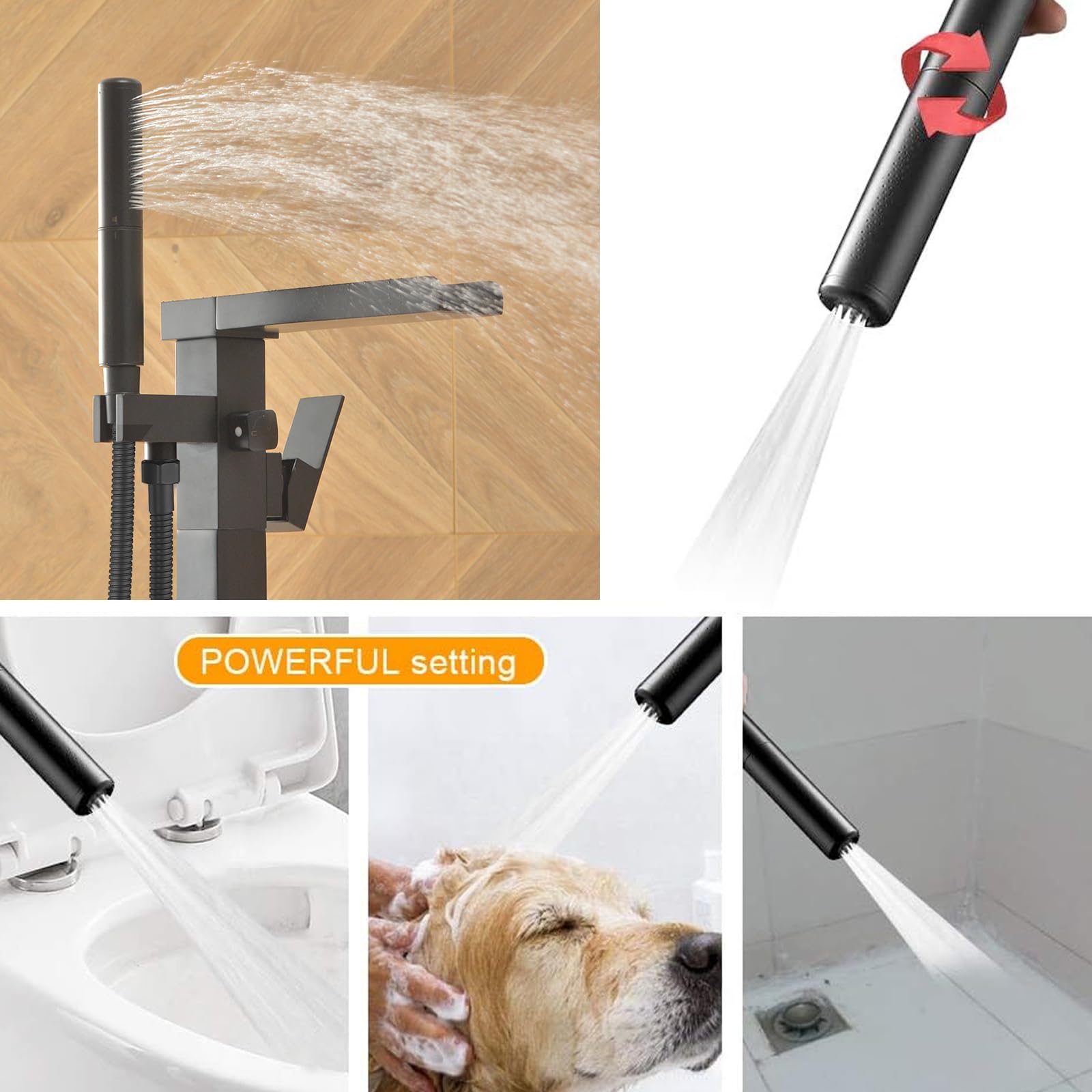 BESy Tub Filler Freestanding Bathtub Faucet Waterfall Matte Black Floor Mount Brass Single Handle Bathroom Tub Faucets High Flow Bath Shower Faucets with 2 Function Square Handheld Sprayer