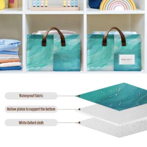 NFMILI Storage Basket Blue Teal Marble Print Storage Bins with Steel Frame，Foldable Storage Cube with Handles 1 Pack