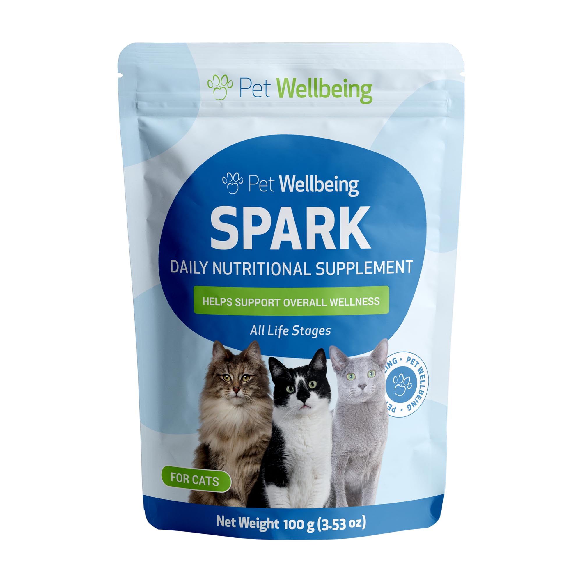 Pet Wellbeing Spark Daily Nutritional Greens Superfood for Cats - Probiotics, Prebiotics, Digestive Enzymes, Amino Acids, Antioxidants, Vitamin D, Spirulina - Veterinarian-Formulated 3.53 oz (100 g)