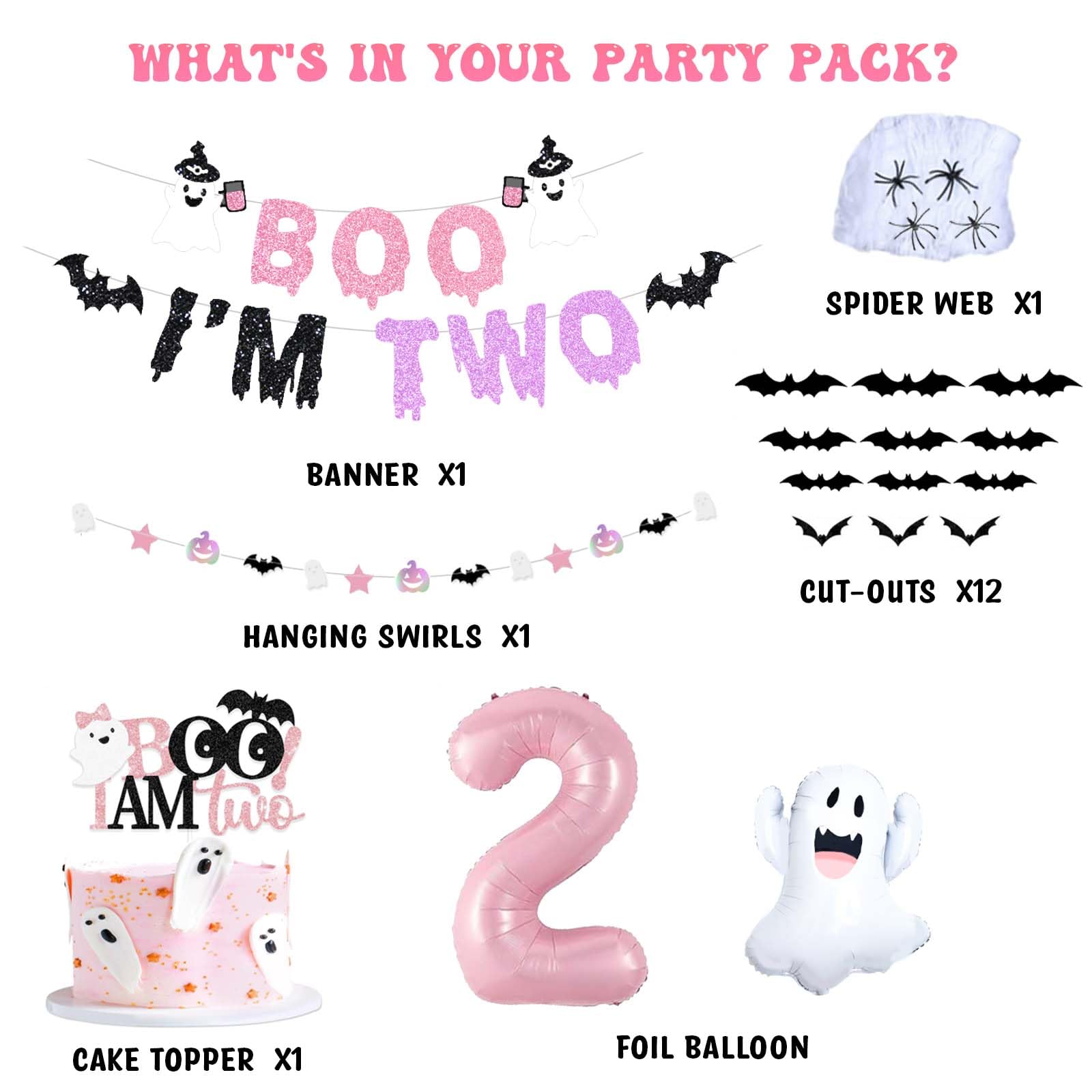 Fiesec Boo I’m Two Decor Birthday Girl, Two Spooky Birthday Decorations Girl, Halloween 2nd Birthday Theme Pink Purple Balloon Garland Arch Kit Banner Cake Topper Ghost Bat