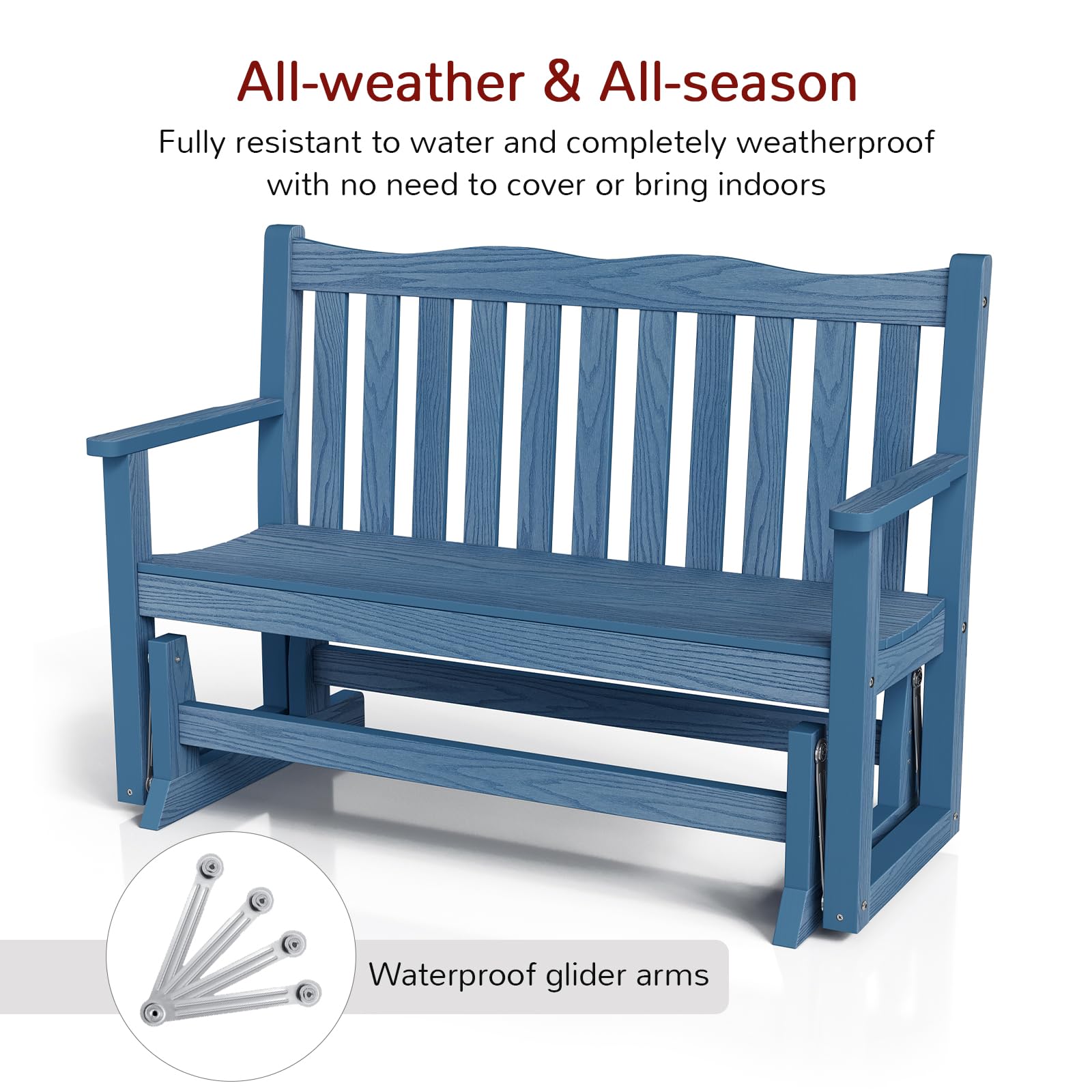 Stoog Patio Glider, 2-Person All-Weather HIPS Outdoor Glider Bench with 800 lbs Weight Capacity, Weatherproof Glider, Low Maintenance, Blue