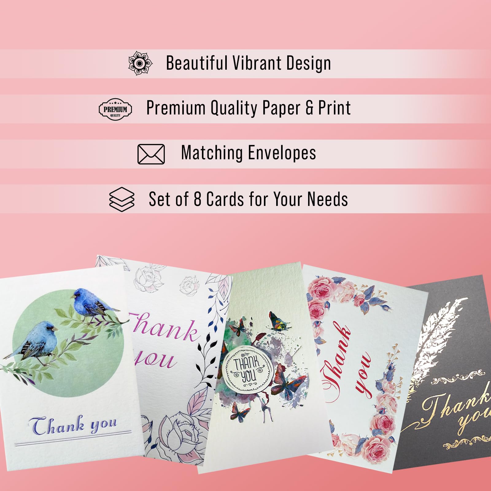 Nuoerp Thank You Cards with Envelopes, Blank Thank You Notes Bulk Set for Small Business, Wedding, Bridal Shower, Christmas, and Graduations, Box Included - 8 Pack, 4.25 x 6 Inch