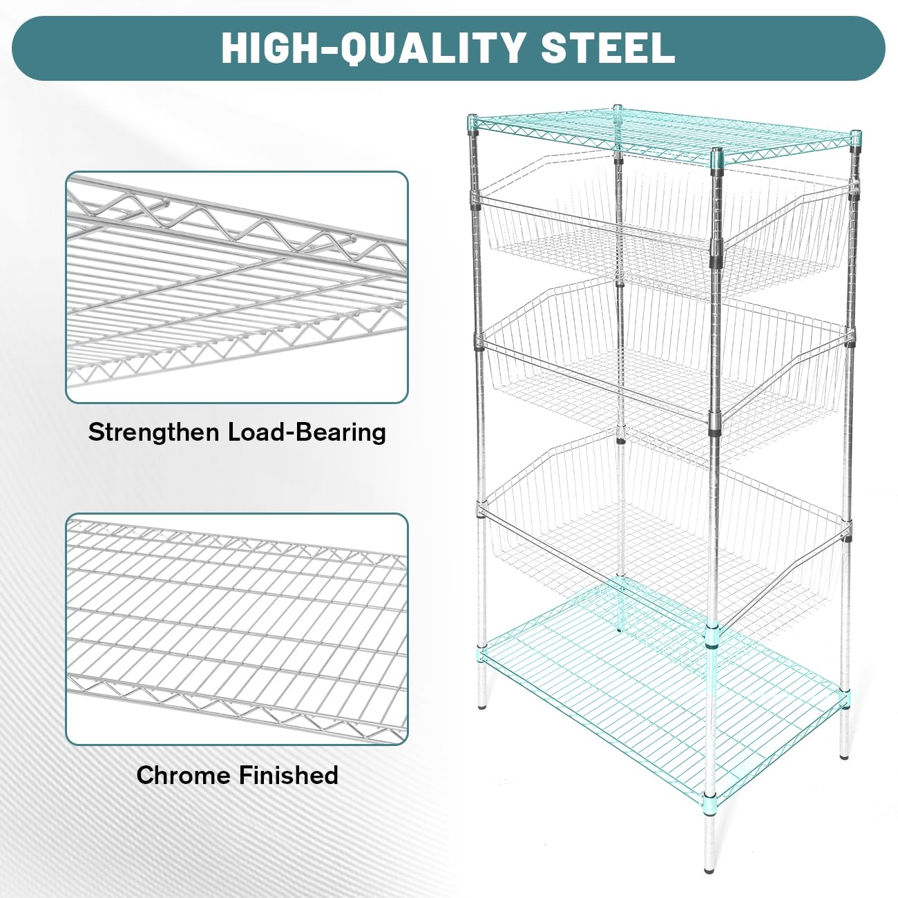 biosp 4-Tier Adjustable Metal Wire Rack Shelving Unit, Heavy Duty Basket Storage Shelf for Outdoor & Indoor, Bathroom, Laundry, Kitchen, Garage