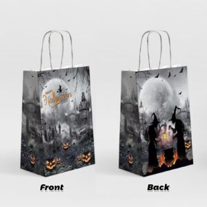 MEHOFOND Happy Halloween Treat Bags, Halloween Paper Bags with Handle Trick or Treat Bags with Pumpkin Spooky Witch Bats Cemetery Party Favor for Halloween Party Decorations 24Pcs