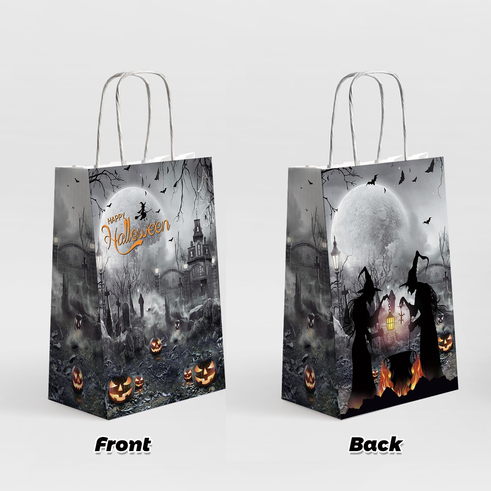 MEHOFOND Happy Halloween Treat Bags, Halloween Paper Bags with Handle Trick or Treat Bags with Pumpkin Spooky Witch Bats Cemetery Party Favor for Halloween Party Decorations 24Pcs