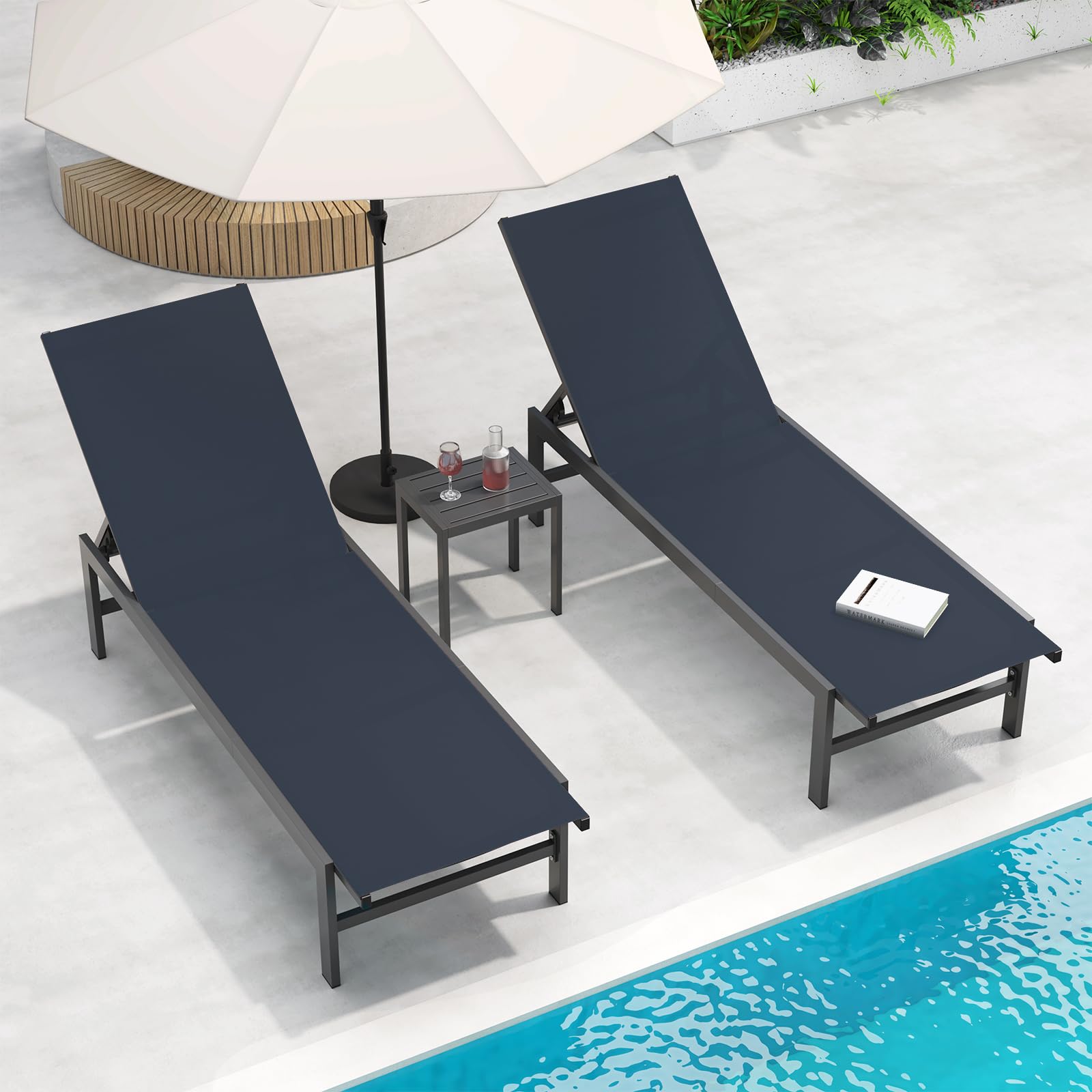 WOAJUQO Aluminum Chaise Lounge Chair Outdoor Set of 2,Pool Lounge Chair with Adjustable 5-Position Recliner,Full Flat Tanning Chair,Rust-Resistant Patio Lounge Chair for Pool, Beach,Garden,Navy Blue