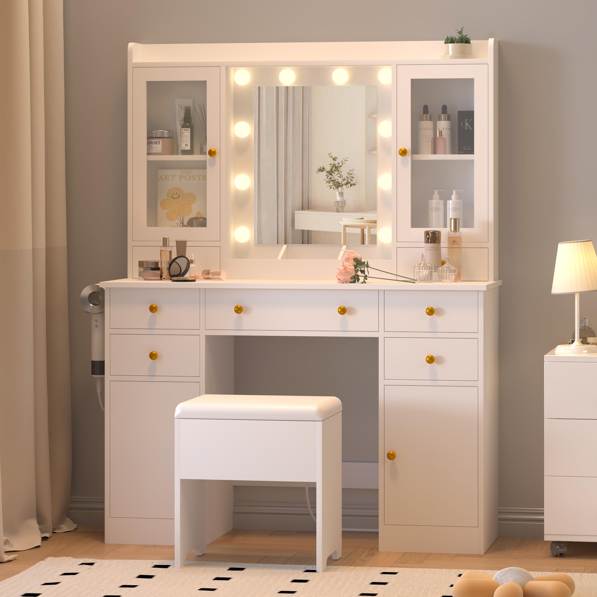 yesasin Makeup Vanity Desk with Mirror and Lights, White Vanity with Charging Station & Vanity Chair, LED Light Vanity Table Set with Storage 7 Drawers and 4 Cabinet for Bedroom, Dressing Bedroom