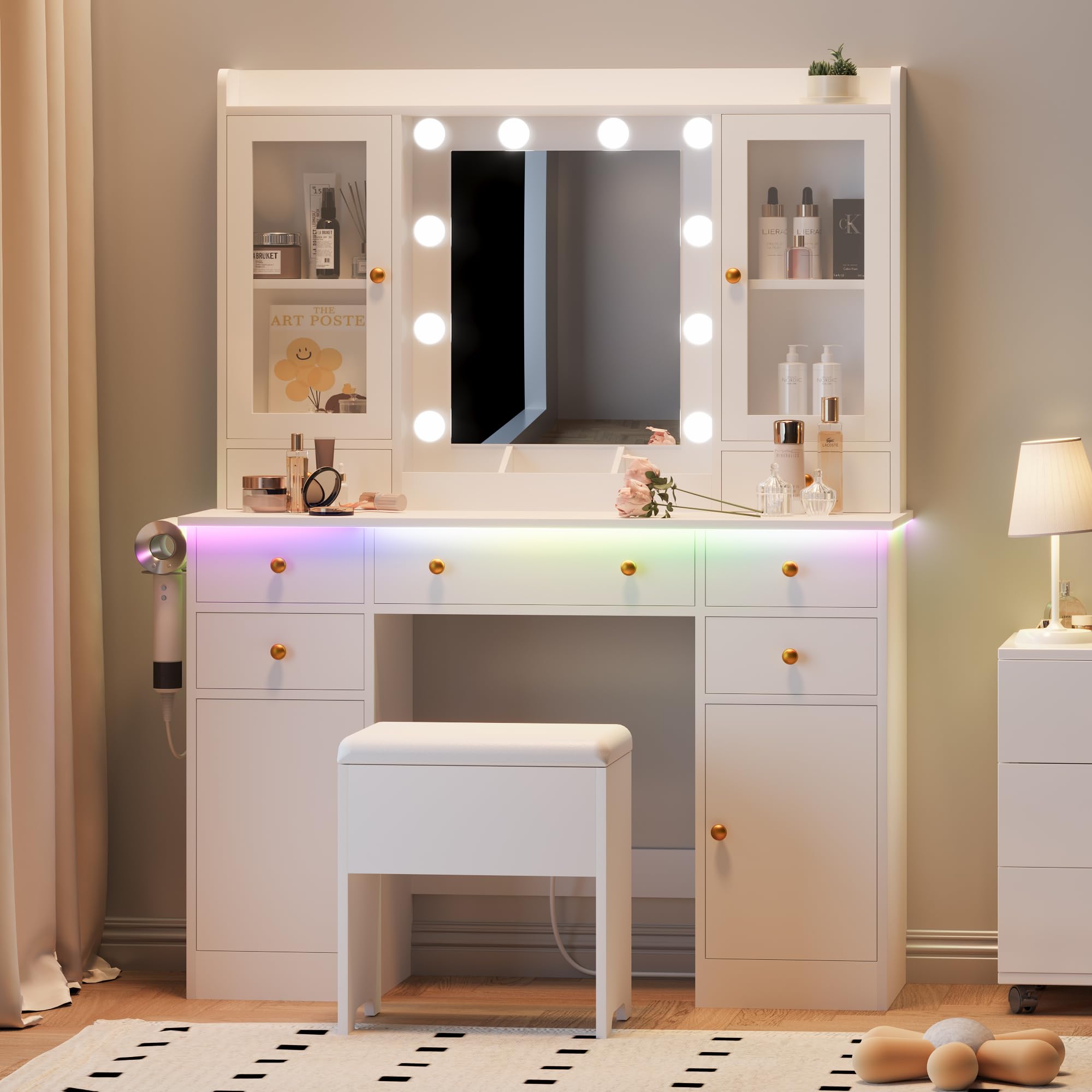 yesasin Makeup Vanity Desk with Mirror and Lights, White Vanity with Charging Station & Vanity Chair, LED Light Vanity Table Set with Storage 7 Drawers and 4 Cabinet for Bedroom, Dressing Bedroom