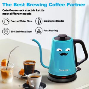 Smartyle Gooseneck Electric Kettle with Mustaches, 1000W Cartoon Electric Tea Kettle of 304 Stainless Steel, Cute Hot Water Kettle with Auto Shut Off, 1.0L Colorful Pour Over Coffee Kettle-Blue