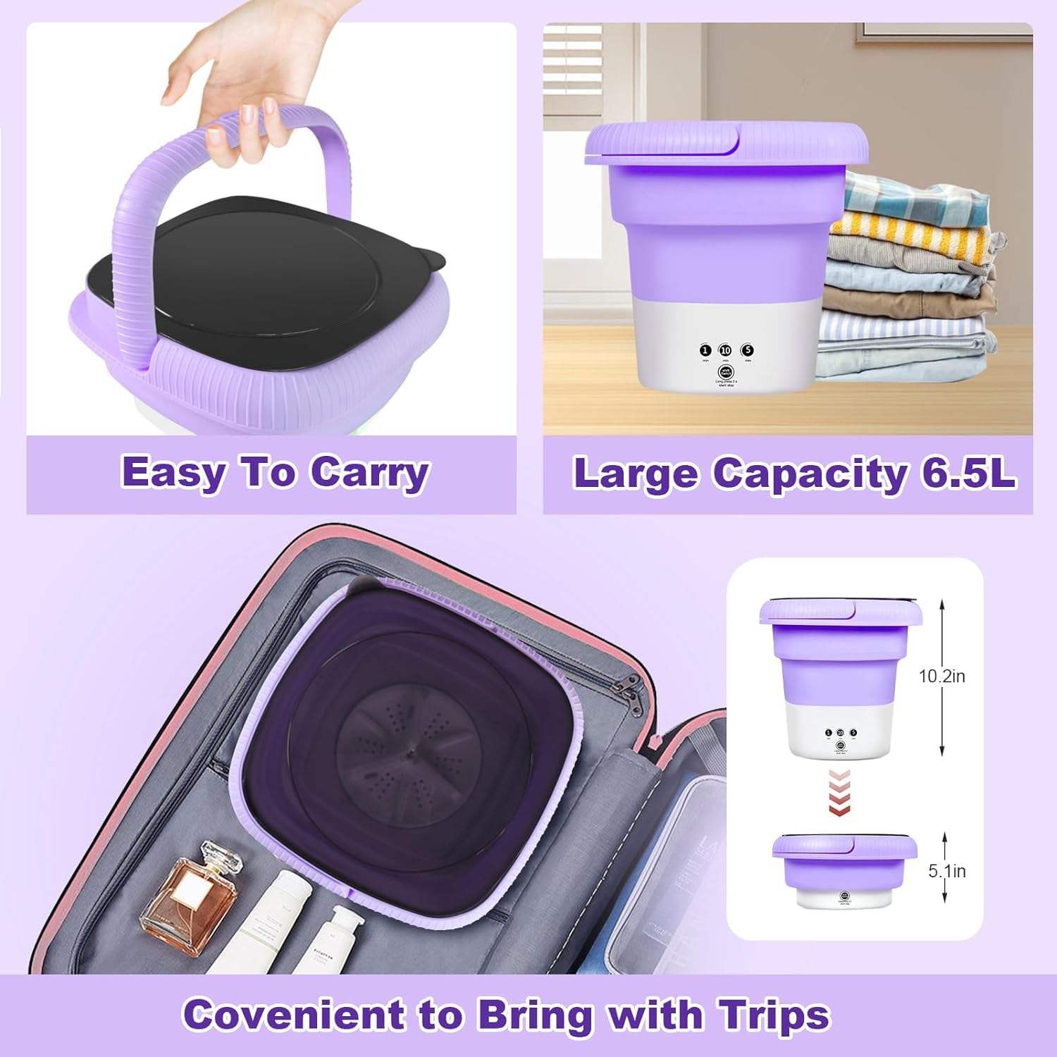 HULKNPEW 6.5L Folding Washing Machine,Portable Washing Machine,Small Washer with 3 Modes Deep Cleaning & Spin-dry,Easy to Carry,Suitable for Apartments, Dormitories, Camping, RV, Travel,Hotels-Purple