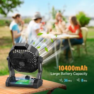 JINLICTE 10400mAh Solar fan with LED Lantern, Camping Fan with Solar Panel, 7W Rechargeable Solar Powered Fan for Outside, Quiet Battery Operated Tent Fan for Picnic, Barbecue, Fishing, Travel