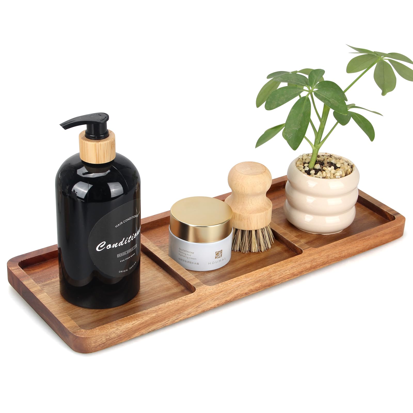 Large Wooden Bathroom Vanity Tray Rectangular Soap Dispenser Holder for Kitchen Counter Acacia Wood Serving Tray for Perfume Dresser Key Tray Divider Kitchen Sink Tray Decor Bathroom Toilet Tank Tray