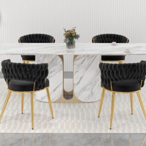 KCC Velvet Dining Chairs Set of 2, Gold Modern Dining Chair with Metal Legs, Woven Upholstered Dining Chairs for Dining Room, Kitchen, Vanity, Living Room (Black)