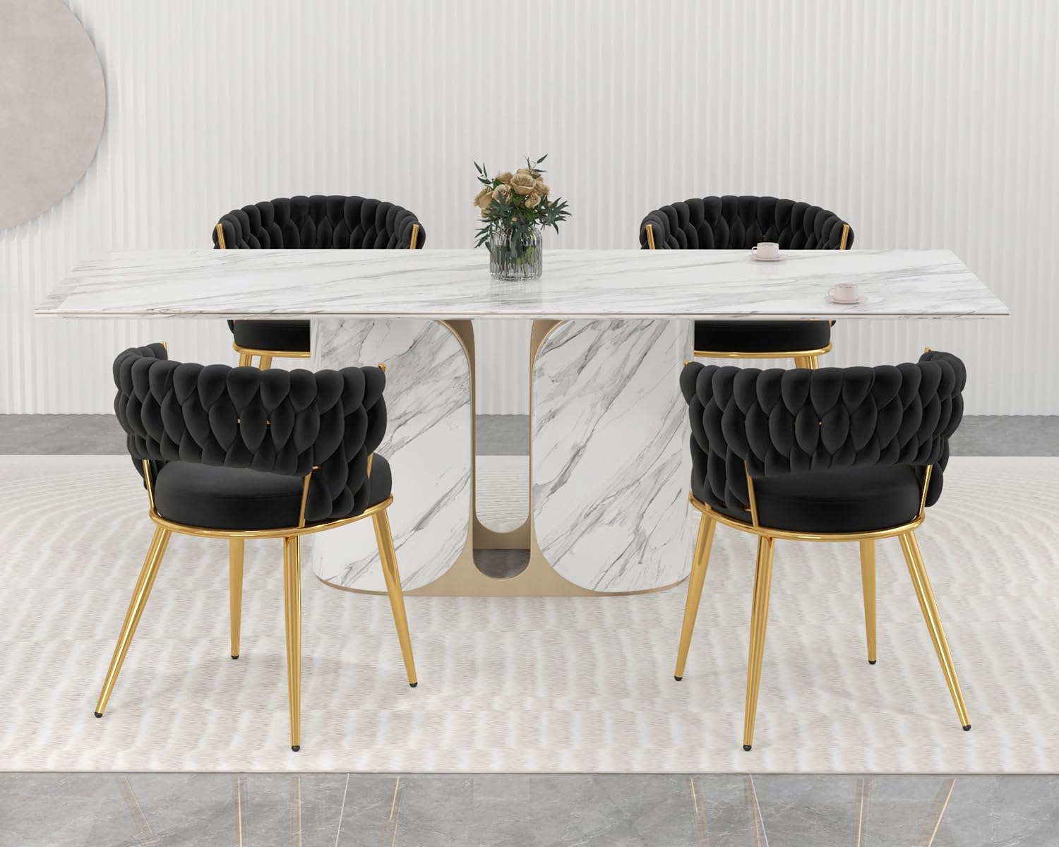 KCC Velvet Dining Chairs Set of 2, Gold Modern Dining Chair with Metal Legs, Woven Upholstered Dining Chairs for Dining Room, Kitchen, Vanity, Living Room (Black)