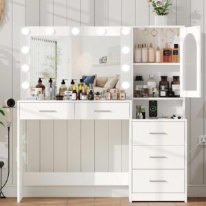 irontar vanity desk with charging station, 46.7''l makeup vanity table with open shelves & 5 hooks, dressing desk with drawers, makeup table with side drawer cabinet, white wdt013w