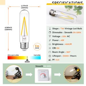 Sphoon Dimmable 4000K Natural White Light Tubular Led Bulb E26 led Light Bulb,T10 T30 Vintage LED Bulbs, 40 watt Equal 4W, Edison Lights Bulbs, AC120V, 400lm, for Chandelier Pendant Lights- 2 Pack