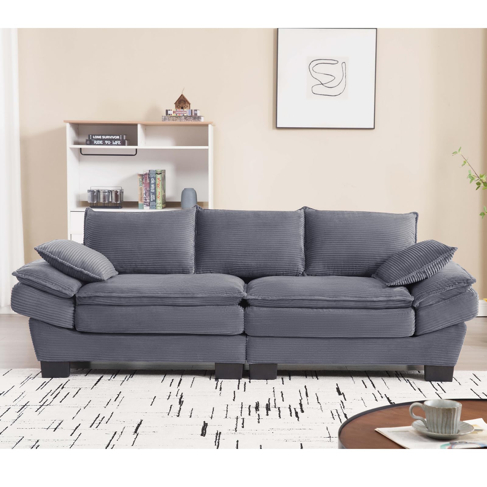 KIVENJAJA Corduroy Small Sectional Cloud Couch, Modern Comfy 3 Seater Sofa Oversized Loveseat with 2 Pillows for Living Room Apartment Bedroom Small Space, 88.6”W, Grey