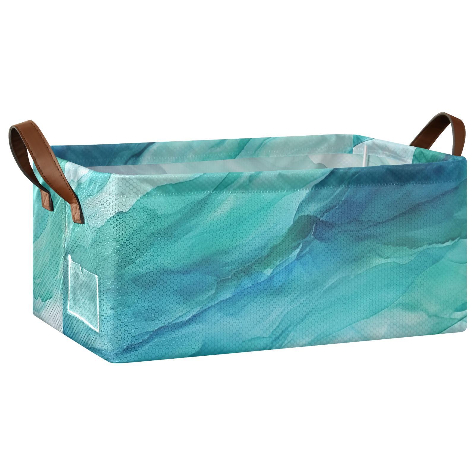 NFMILI Storage Basket Blue Teal Marble Print Storage Bins with Steel Frame，Foldable Storage Cube with Handles 1 Pack