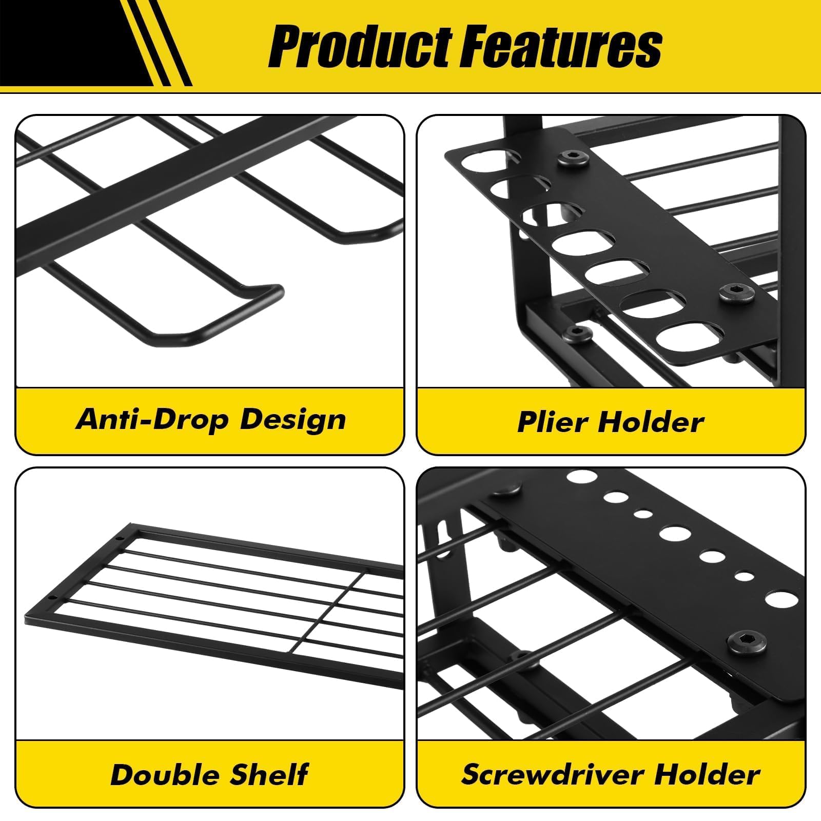 Power Tool Organizer Wall Mount, 2 Pack 3 Layers Garage Wall Shelving, 8 Drill Holder Wall Mount, Cordless Tool Organizer, Garage Storage Rack with 4 Extension Cord Holder