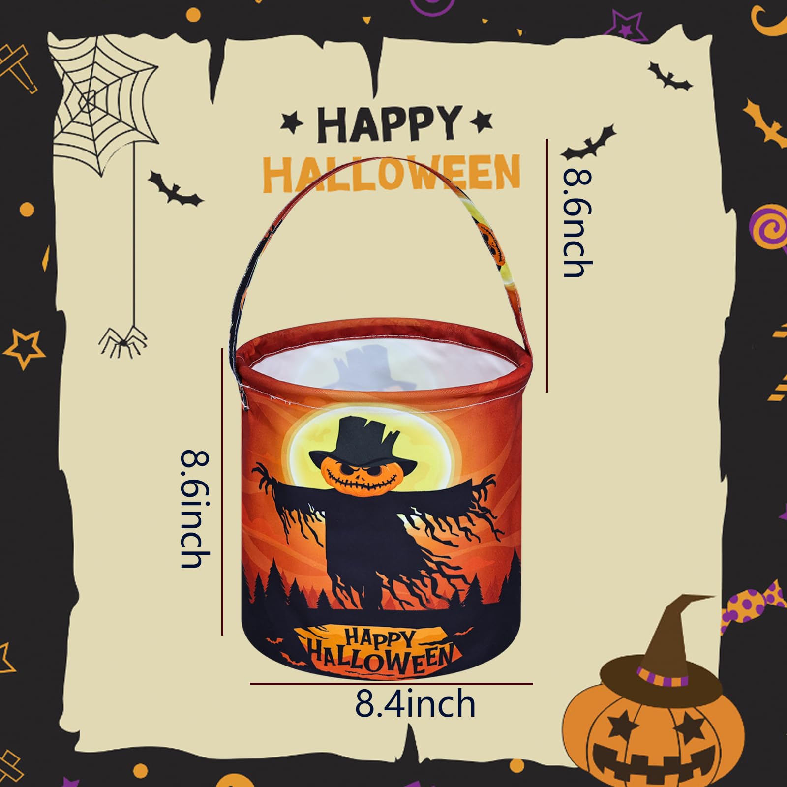 Halloween Basket Trick or Treat Bag Cute Candy Tote Buckets Reusable Canvas Best Organizer Party Gifts for Kids