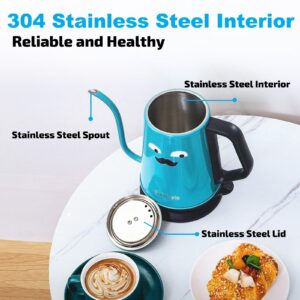 Smartyle Gooseneck Electric Kettle with Mustaches, 1000W Cartoon Electric Tea Kettle of 304 Stainless Steel, Cute Hot Water Kettle with Auto Shut Off, 1.0L Colorful Pour Over Coffee Kettle-Blue