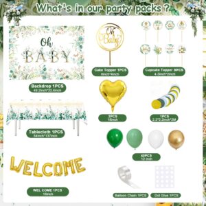 Sage Green Baby Shower Decorations, Neutral Baby Shower Party Decorations for Boy Girl with Oh Baby Backdrop, Tablecloth, Cake Topper, Balloon Garland, Dots Banner for Woodland Safari Gender Decor