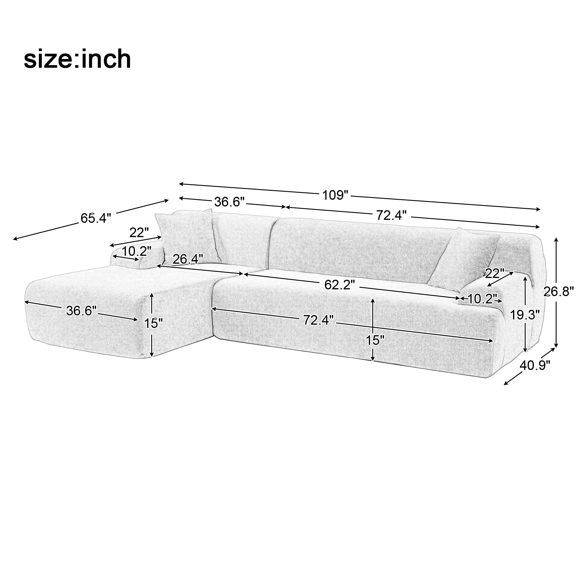 VASOENY 109 X 65'' Modular Sectional Couch,Chenille Fabirc Corner Sofa, 3 Seat Modern L Shaped Sofa Couch with 2 Waist Pillow for Living Room, Office, Right Chaise Lounge