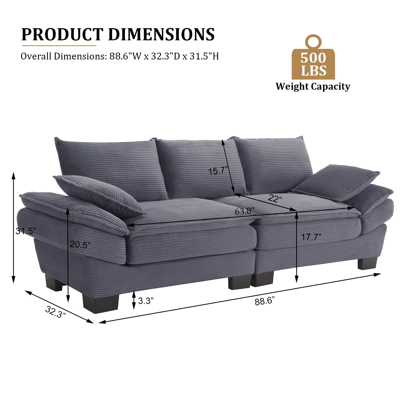 KIVENJAJA Corduroy Small Sectional Cloud Couch, Modern Comfy 3 Seater Sofa Oversized Loveseat with 2 Pillows for Living Room Apartment Bedroom Small Space, 88.6”W, Grey