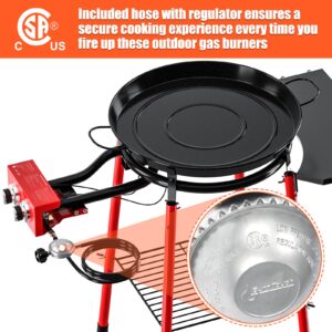 QuliMetal Paella Pan Burner & Stand Set, 22 Inch Enameled Paella Pan, Built-In Ignitor, Regulator Hose, Carry Bag, Durable Legs & Side Shelf, Ideal for Camping, Backyard & Patio Cooking, 16 Servings