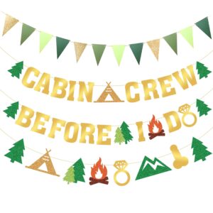 camp bachelorette decorations, pre-assembled cabin crew before i do banner, gold green bachelorette party decor for bride, camping party decorations with pennant flags garland