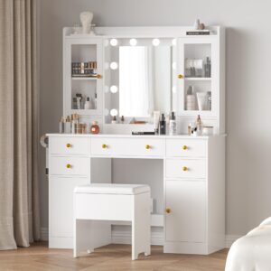 yesasin Makeup Vanity Desk with Mirror and Lights, White Vanity with Charging Station & Vanity Chair, LED Light Vanity Table Set with Storage 7 Drawers and 4 Cabinet for Bedroom, Dressing Bedroom