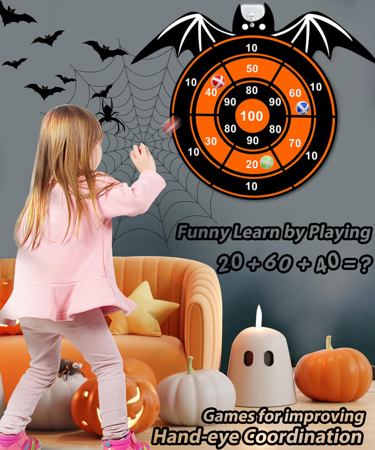 Halloween Party Games Toys for Kids, Large 26" Halloween Bat Dart Board Game Decorations Centerpieces Party Supplies with 12 Sticky Balls for Halloween